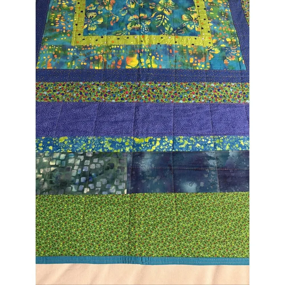 New Batik Lap Quilt Throw Blanket Handmade Machine Stitched Blue Green 58x58”